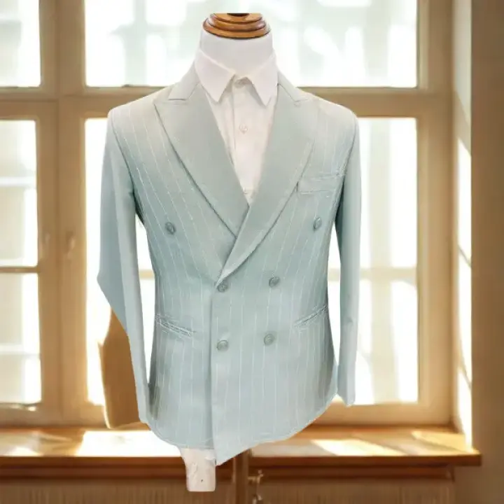 Men’s Premium Sky Blue Double-Breasted Blazer – Slim Fit Pinstripe Suit Jacket